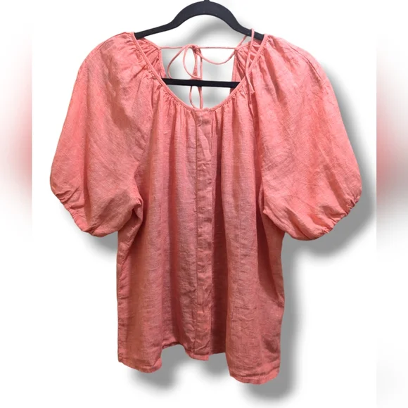 J Crew V-back Linen Top Blouse Pink Puff Short Sleeves Back Tie Button Front- 14 - Picture 4 of 12